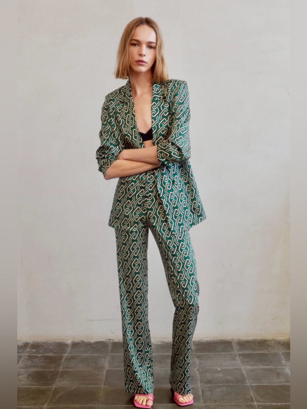 Mango Green Chain Print Blazer
